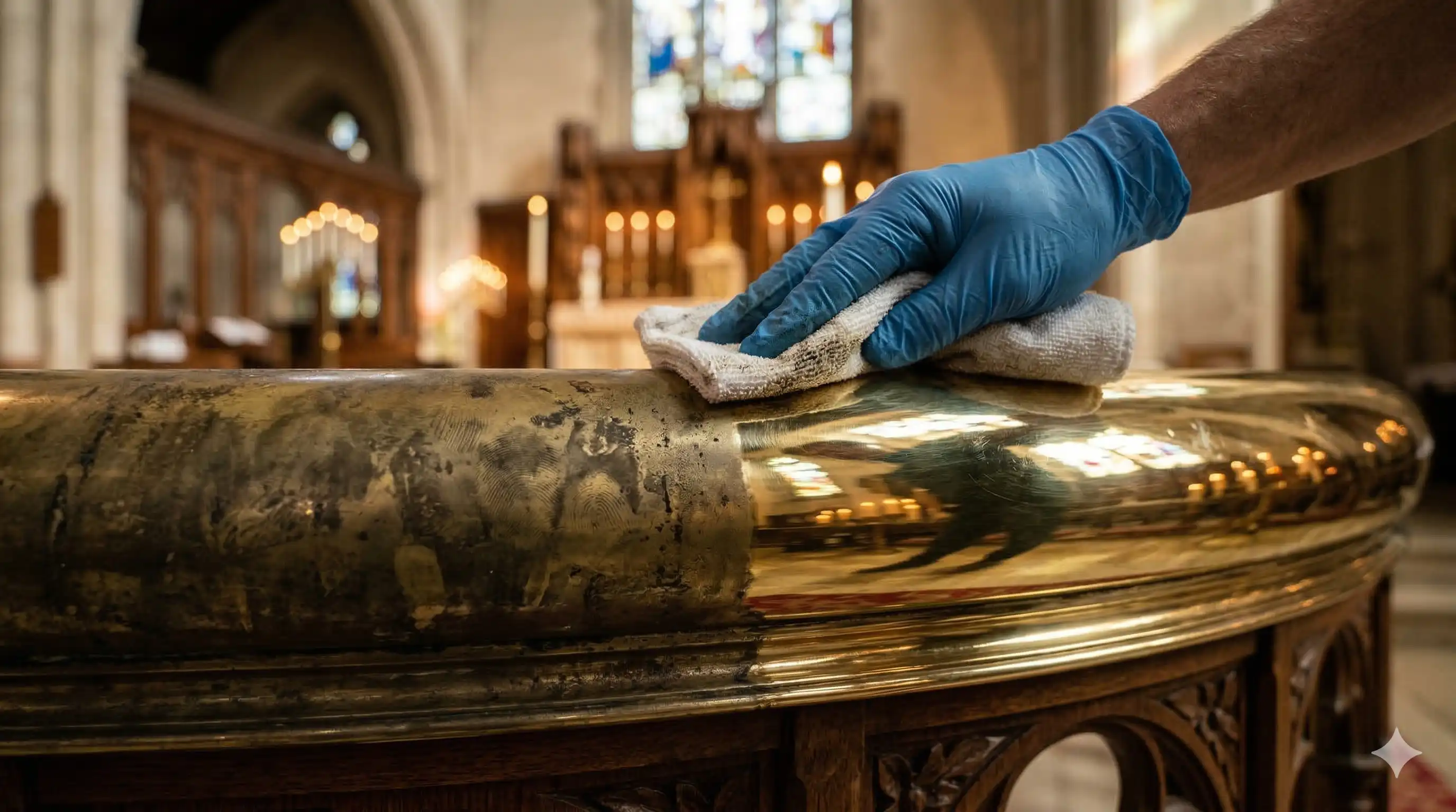 Gloved cleaner polishing brass baptismal font inside a heritage church sanctuary