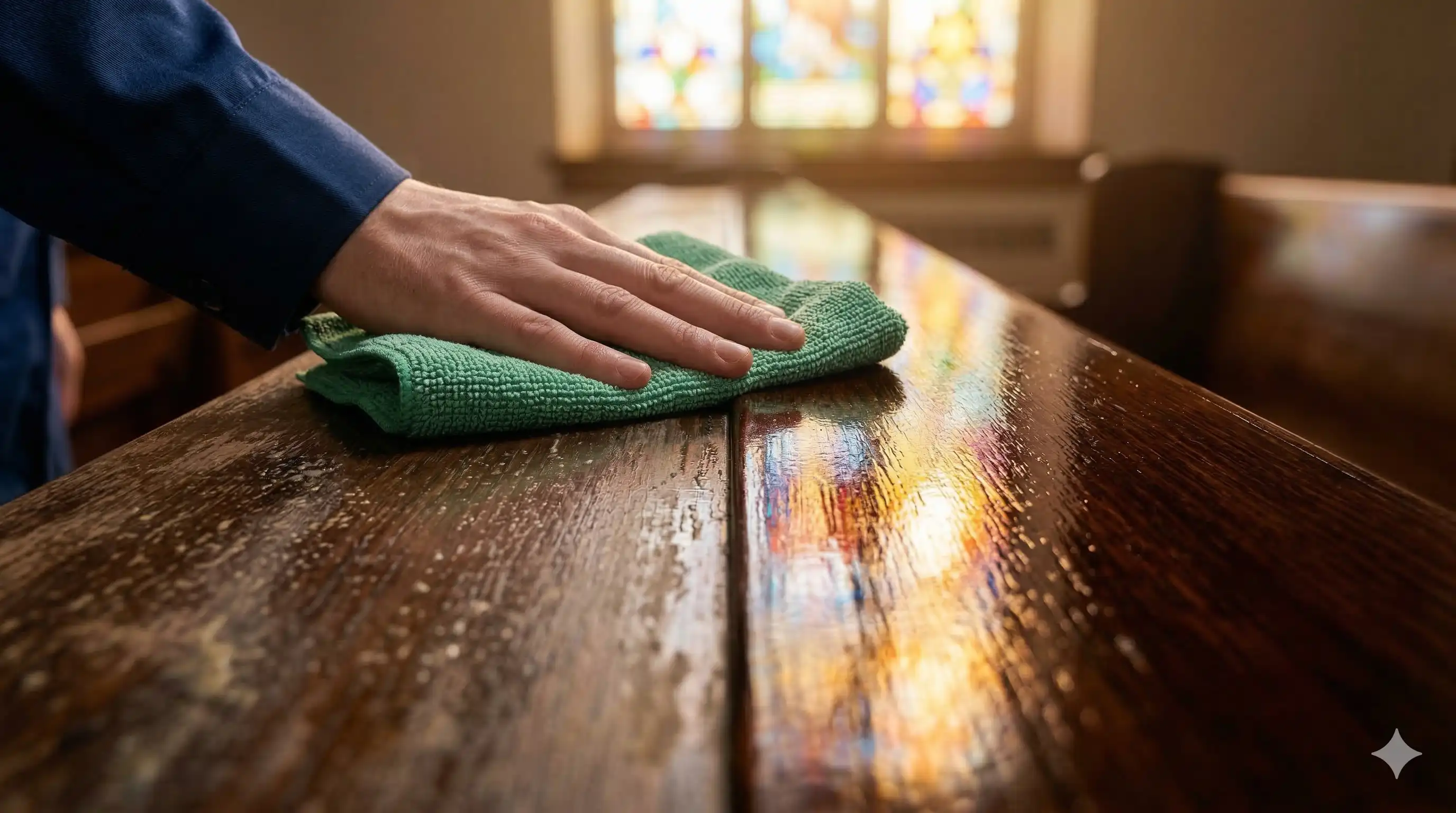 Church pew cleaning service — microfibre cloth wiping wooden pew with stained glass in background