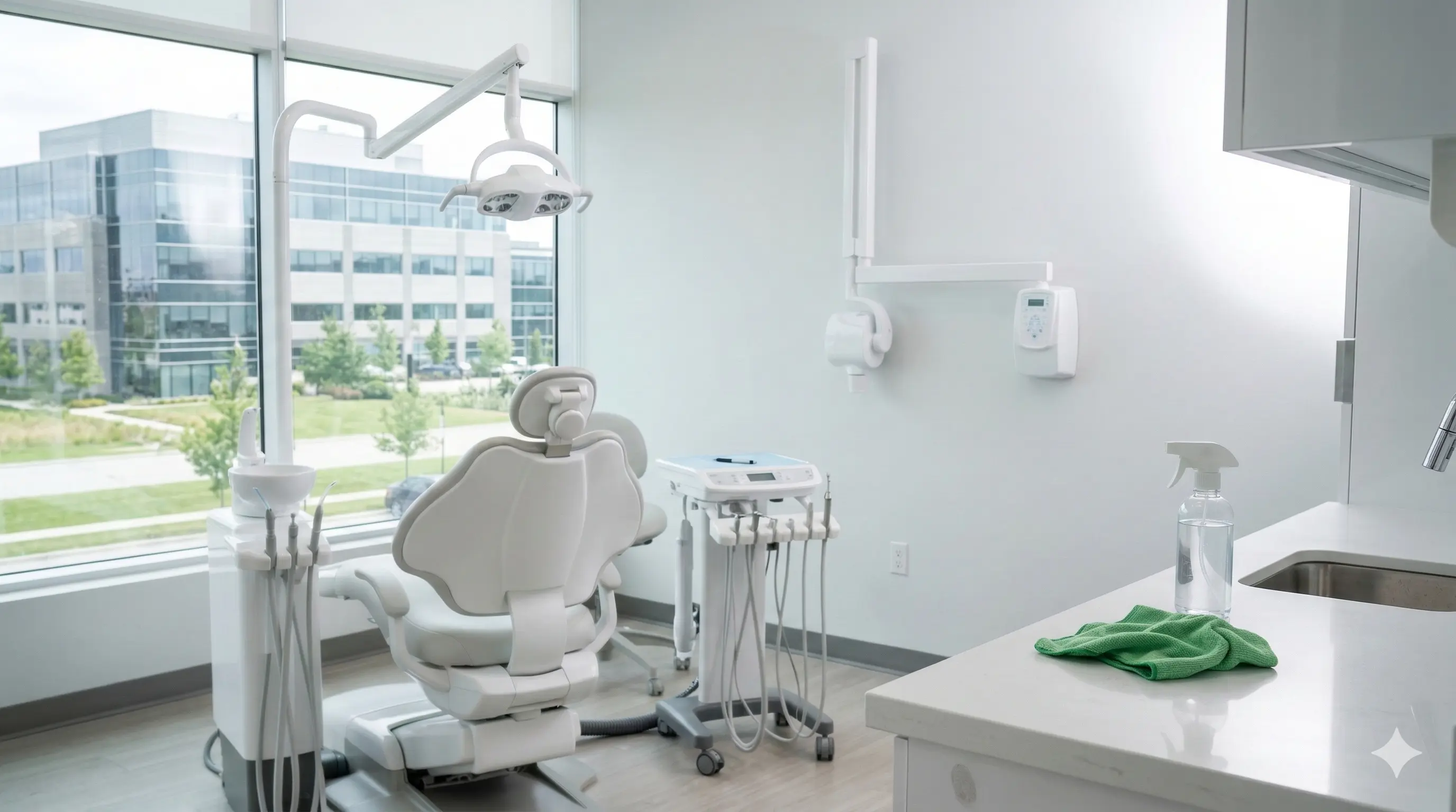Professionally cleaned dental operatory with dental chair, overhead light and equipment — Zusashi Maintenance dental office cleaning Vaughan